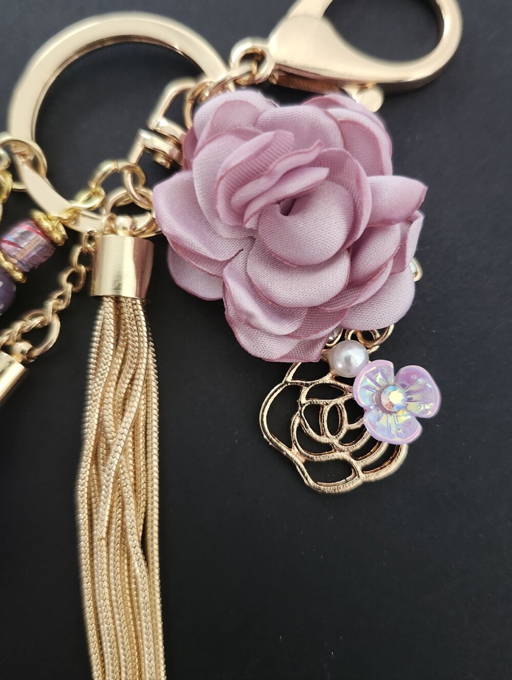 Floral Purse Charm or Keychain Quartz Stone Glass Paper Handcrafted - Picture 5 of 5